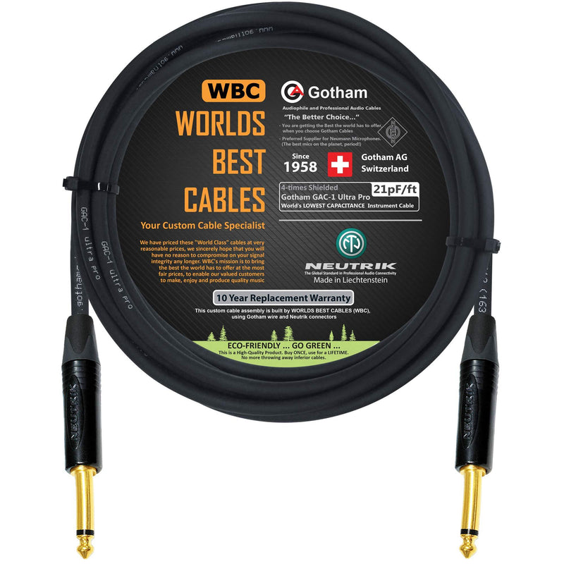 [AUSTRALIA] - 12 Foot - Gotham GAC-1 Ultra Pro - Premium Low-Cap (21 pf/F) Guitar Bass Instrument Cable – w/Neutrik Gold Straight to Straight ¼ inch (6.35mm) TS Connectors - Custom Made by WORLDS BEST CABLES 