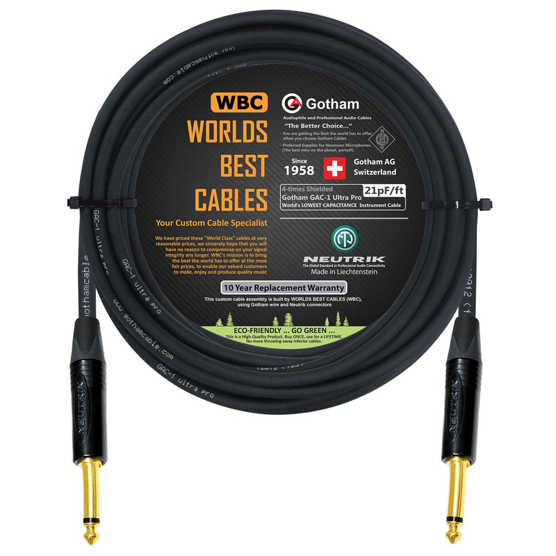 [AUSTRALIA] - 25 Foot - Gotham GAC-1 Ultra Pro - Premium Low-Cap (21 pf/F) Guitar Bass Instrument Cable – w/Neutrik Gold Straight to Straight ¼ inch (6.35mm) TS Connectors - Custom Made by WORLDS BEST CABLES 