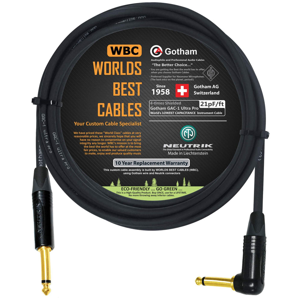 [AUSTRALIA] - 10 Foot - Gotham GAC-1 Ultra Pro - Premium Low-Cap (21 pf/F) Guitar Bass Instrument Cable – w/Neutrik Gold Straight to Angled ¼ inch (6.35mm) TS Connectors - Custom Made by WORLDS BEST CABLES 