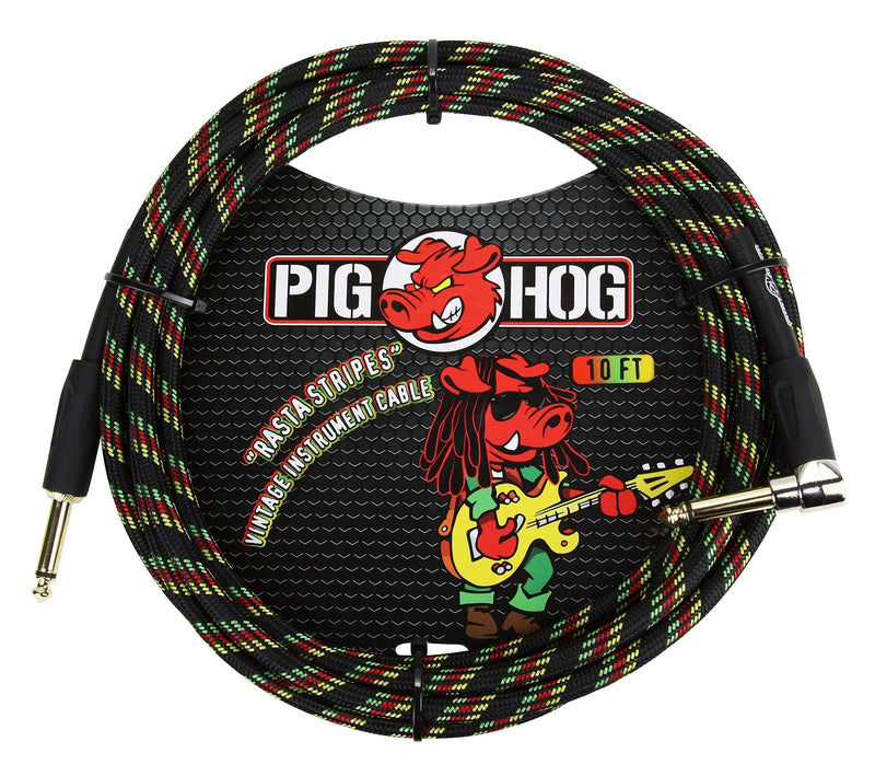 [AUSTRALIA] - Pig Hog PCH10RAR 1/4" to 1/4" Right-Angle Rasta Stripes Guitar Instrument Cable, 10 Feet 