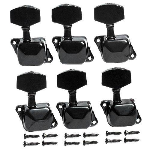 Musiclily 6-in-line Semiclosed Guitar Tuners String Tuning Pegs Keys 6R Machine Head Set for Fender Strat/Tele Replacement, Black Big Button Black