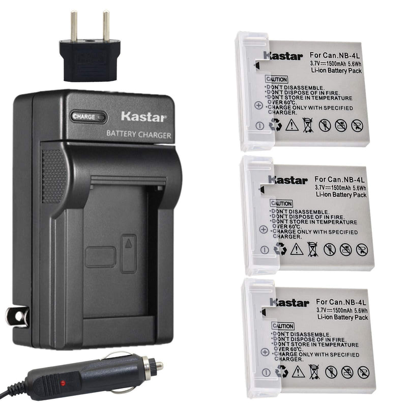 Kastar Battery (3-Pack) and Charger Kit Replacement for NB-4L, CB-2LV and PowerShot SD1000 SD1100IS SD1400IS SD200 SD30 SD300 SD400 SD430 SD600