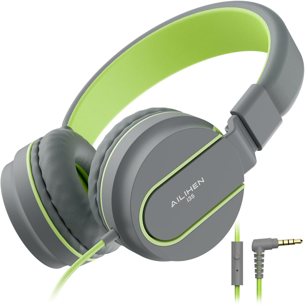 AILIHEN I35 Kid Headphones with Microphone Volume Limited 85dB Children Girls Boys Teen Lightweight Foldable Wired Headset for School Online Course Chromebook Cellphones Tablets (Grey/Green) Gray
