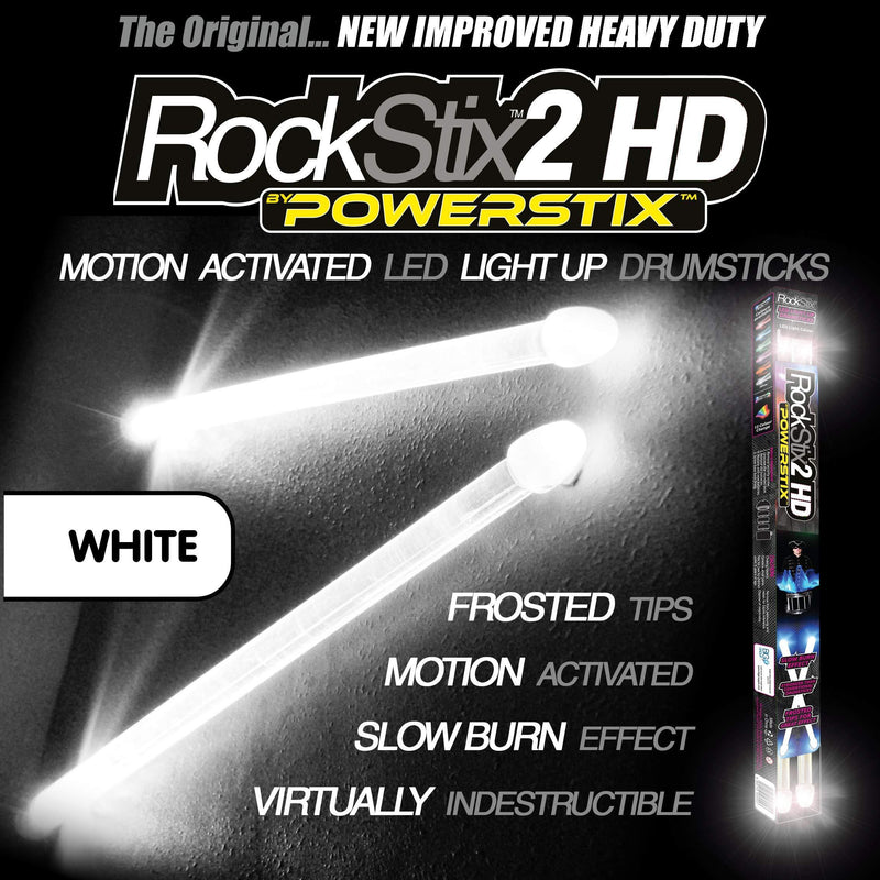 ROCKSTIX 2 HD WHITE, BRIGHT LED LIGHT UP DRUMSTICKS, with fade effect, Set your gig on fire! (WHITE)