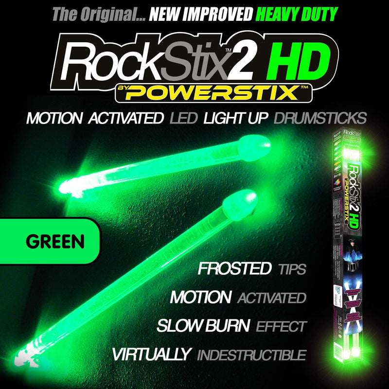 ROCKSTIX 2 HD GREEN, BRIGHT LED LIGHT UP DRUMSTICKS, with fade effect, Set your gig on fire! (GREEN ROCKSTIX) GREEN ROCKSTIX