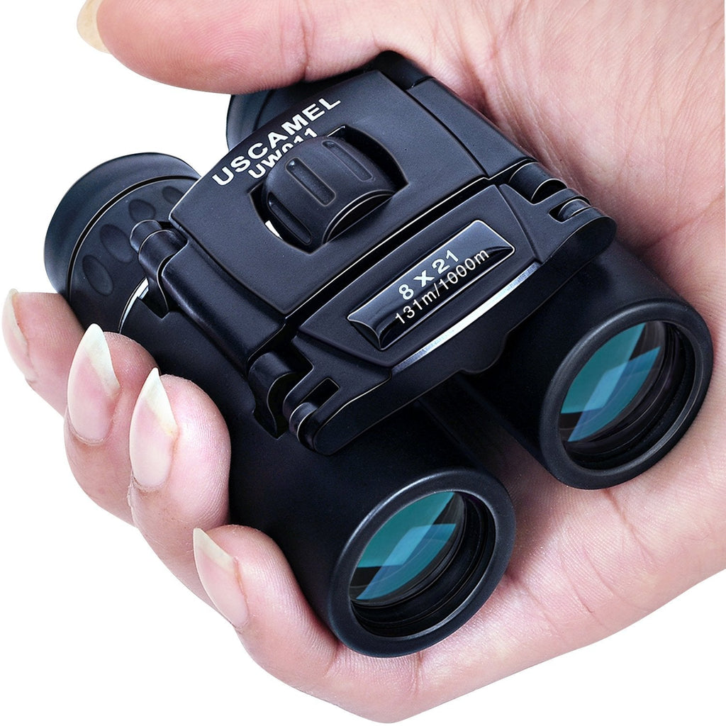 USCAMEL Folding Pocket Binoculars Compact Travel Mini Telescope HD Bak4 Optics Lenes Easy Focus 8x21 Colour Black