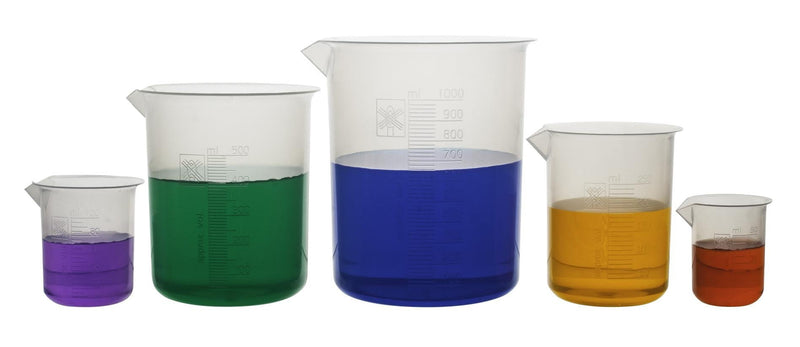 5 Piece Premium Laboratory Plastic Beaker Set, Made of High Clarity Polypropylene with Raised Graduations, 50 mL, 100 mL, 250 mL, 500 mL, and 1000 mL (Autoclavable)