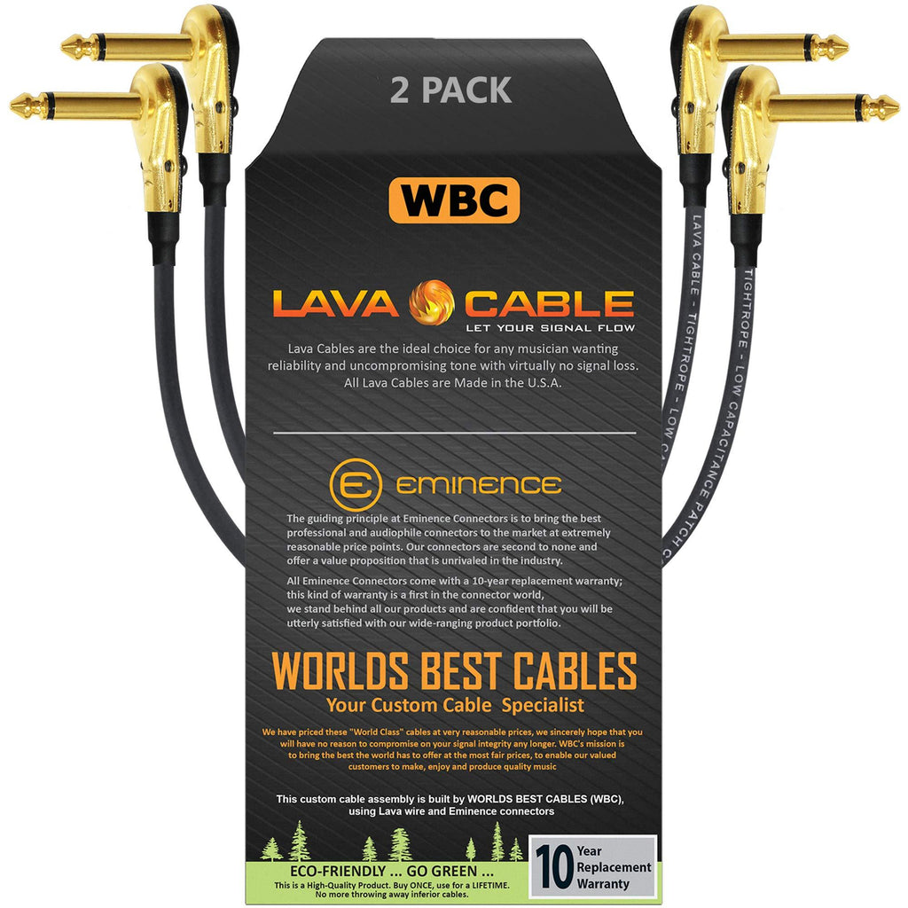 [AUSTRALIA] - 2 Units - Lava Tightrope (Black) - 6 Inch - Guitar Bass Effects Instrument, Patch Cable with Premium Gold Plated ¼ Inch (6.35mm) Low-Profile, Right Angled Pancake Type TS Connectors 