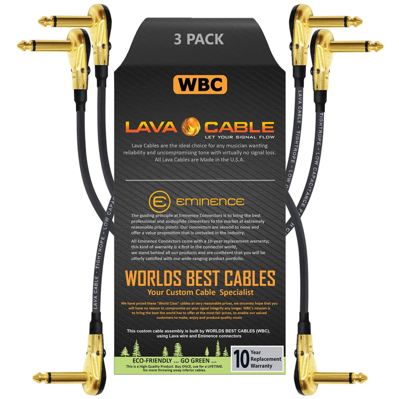 [AUSTRALIA] - 3 Units - Lava Tightrope (Black) - 8 Inch - Guitar Bass Effects Instrument, Patch Cable with Premium Gold Plated ¼ Inch (6.35mm) Low-Profile, Right Angled Pancake Type TS Connectors 