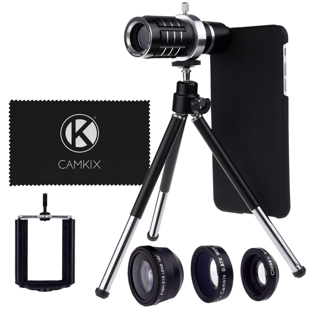 CamKx Camera Lens Kit Compatible with Apple iPhone 6 Plus / 6S Plus ONLY - 12x Telephoto Lens, Fisheye Lens, Macro Lens, Wide Angle Lens, Tripod, Phone Holder, Hard Case, Velvet Bag (Lens Kit)