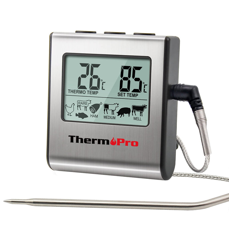 ThermoPro TP-16 Large LCD Digital Cooking Food Meat Smoker Oven Kitchen BBQ Grill Thermometer Clock Timer with Stainless Steel Probe