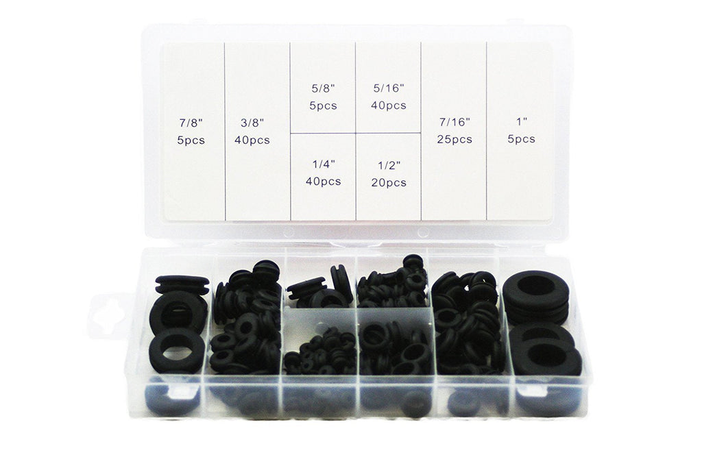ABN 180 Piece SAE Rubber Grommet Assortment 7/8in, 5/8in, 5/16in, 7/16in, 3/8in, ¼in, ½in, and 1 Inch Sizes