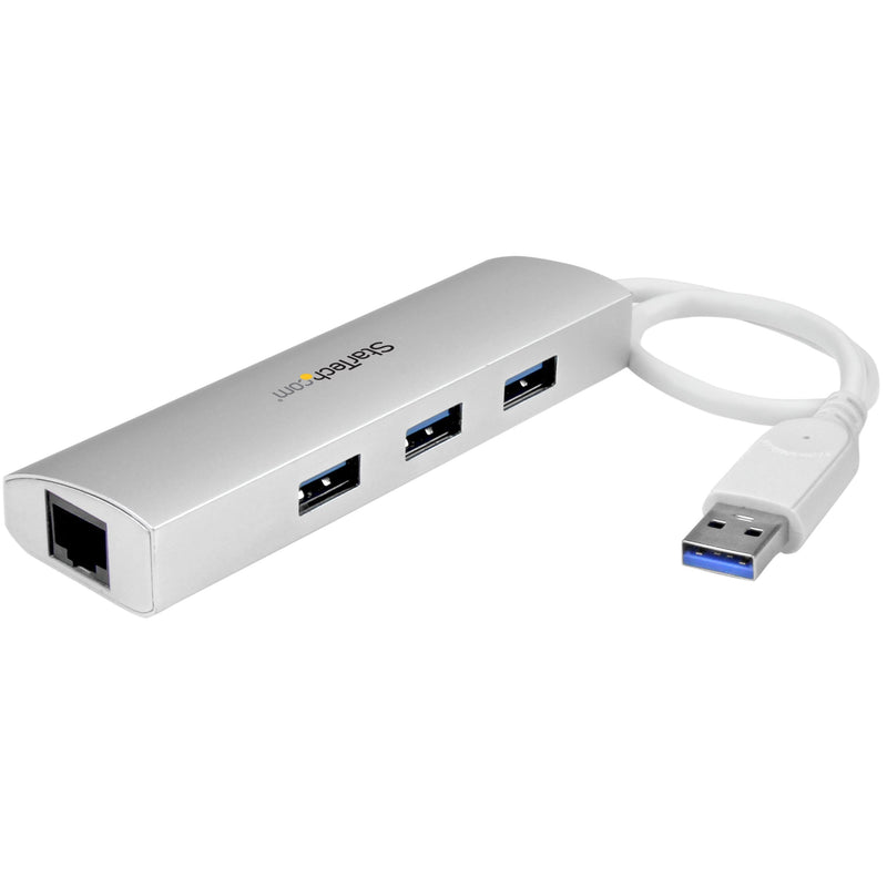 StarTech.com 3-Port USB 3.0 Hub with Gigabit Ethernet - Up to 5Gbps - Portable USB Port Expander with Built-in Cable (ST3300G3UA) Silver w/ 3 USB Ports