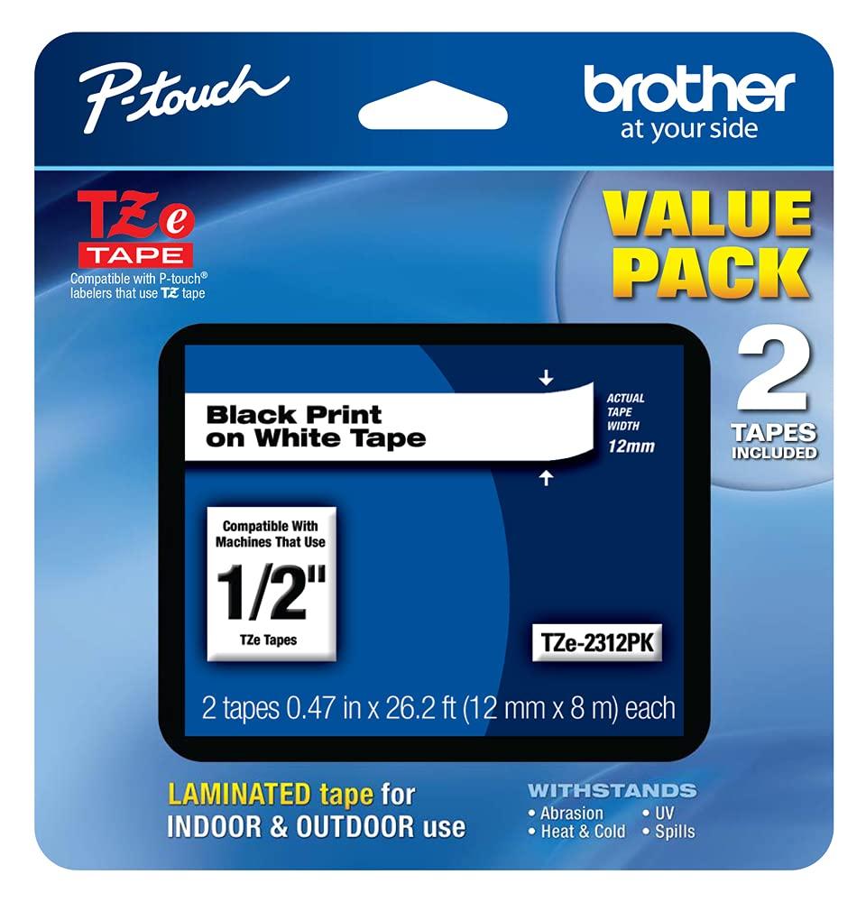 Brother Genuine P-touch, TZe-231 2 Pack Tape (TZE2312PK) ½”(0.47”) x 26.2 ft. (8m) 2-Pack Laminated P-Touch Tape, Black on White, Perfect for Indoor or Outdoor Use, Water Resistant, TZE2312PK, TZE231