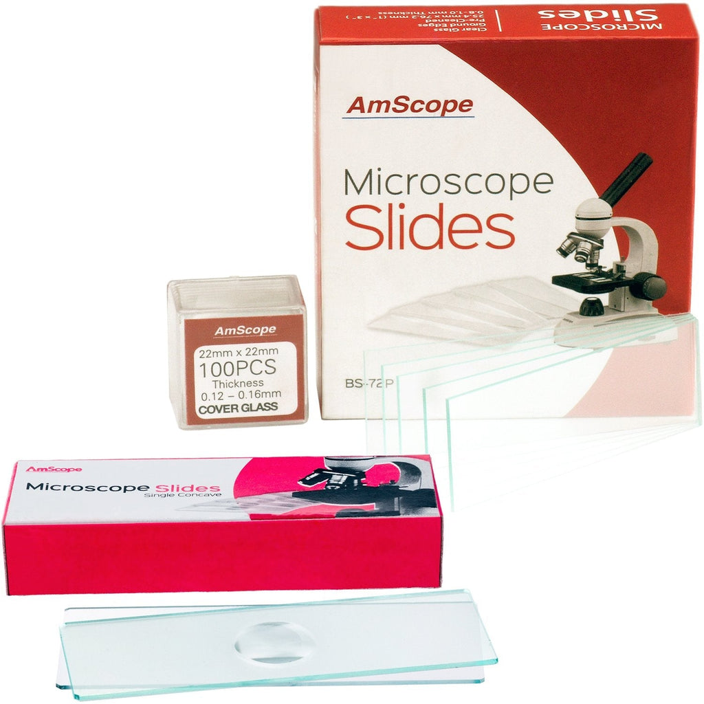 AmScope BSC12-72P100S22 72 Pre-Cleaned Blank Plate Microscope Slides and 12 Single Depression Concave Slides Plus 100 Coverslips