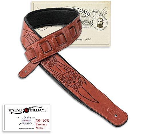 Walker & Williams GM-1275 Sienna Brown Padded Guitar Strap with Embossed Skulls