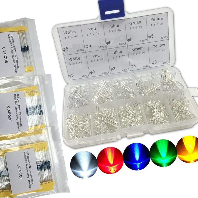 CO RODE LED Diode 3mm 5mm LED Light Kit Clear with Color White Red Blue Green Yellow, Resistors Included