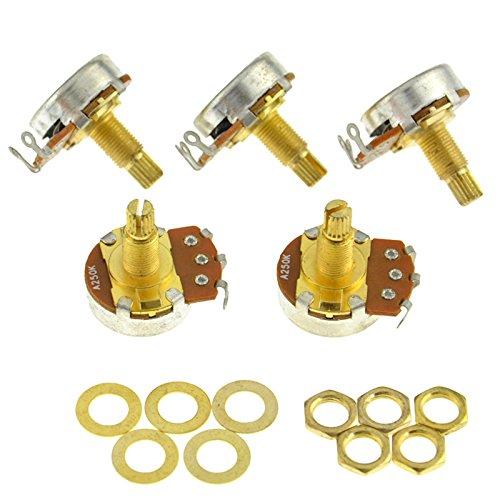 A250k long Split ELectric Guitar Bass Potentiometer Volume Tone Pots Split Shaft Taper Gold Pack of 5