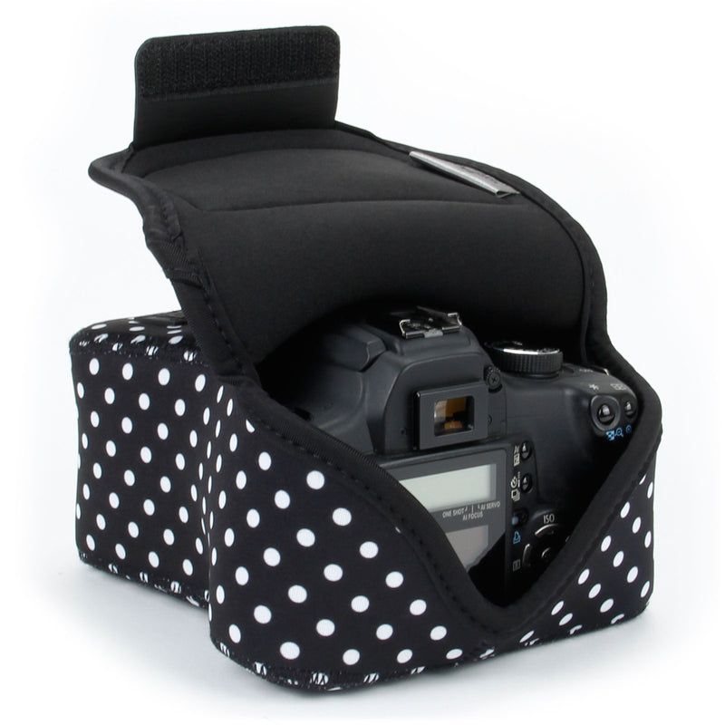 USA GEAR DSLR Camera Sleeve Case (Polka Dot) with Neoprene Protection , Holster Belt Loop and Accessory Storage - Compatible With Nikon D3400, Canon EOS Rebel SL2, Pentax K-70 and More Polka Dot