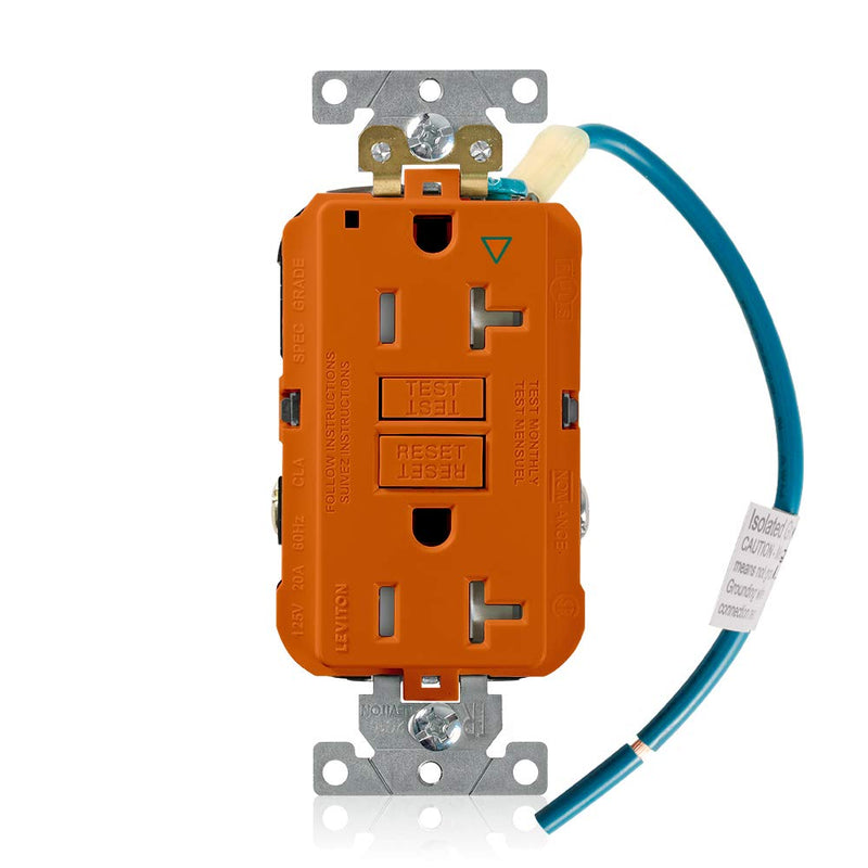 Leviton GFTR2-IGO 20A-125V Extra-Heavy Duty Industrial Grade Isolated Ground Duplex Tamper-Resistant Self-Test GFCI Receptacle, 20-Amp, Orange,