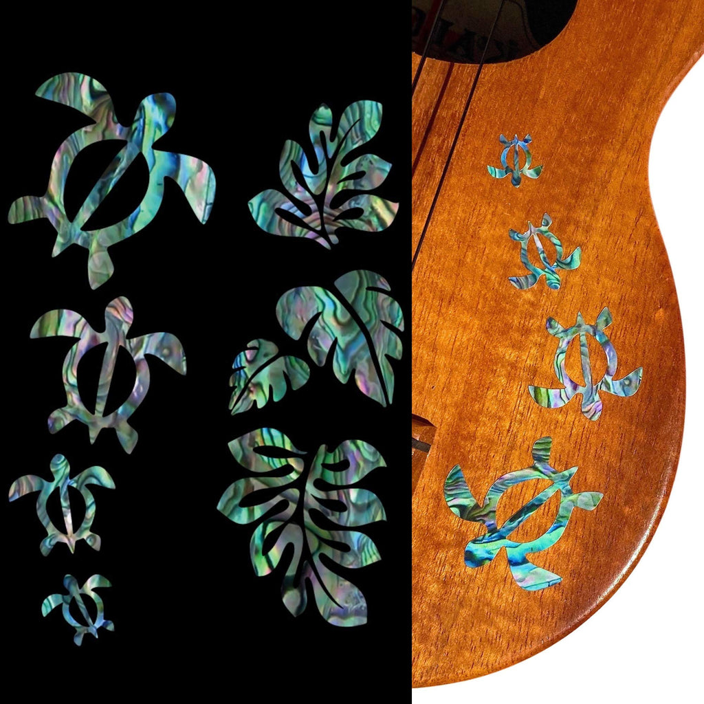 Inlay Stickers for Ukuleles - Honu Family & Tropical Monstera Leaves - Abalone Blue Set