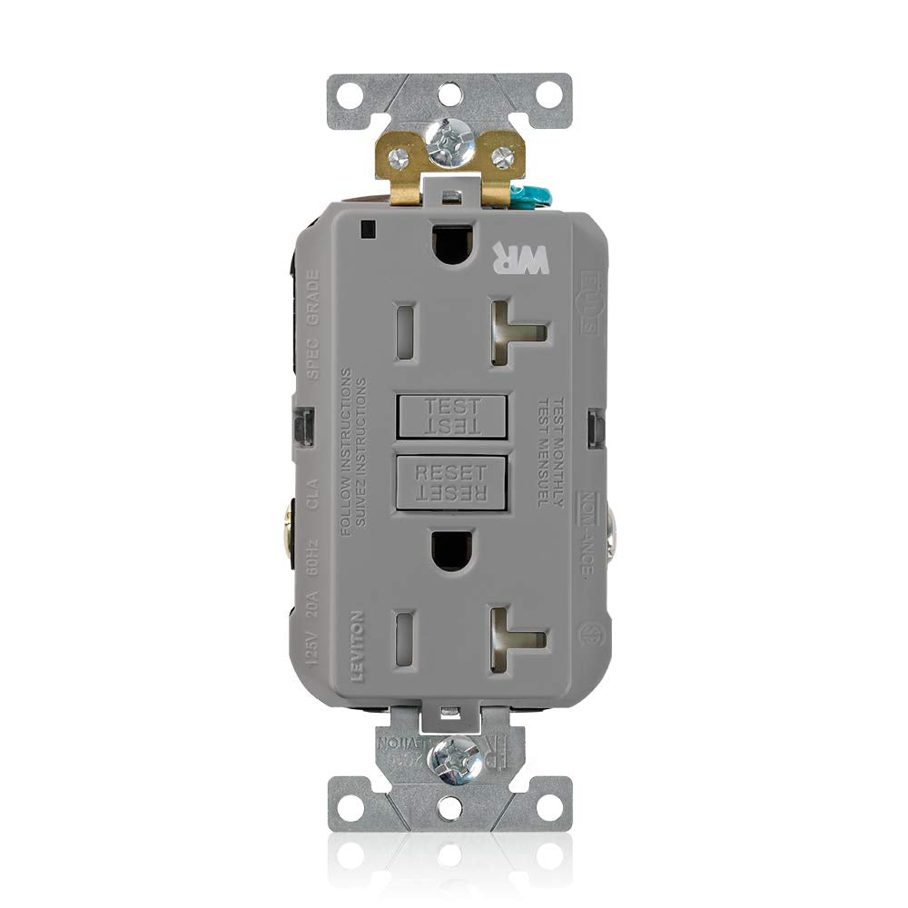 Leviton G5362-WTG 20A-125V Extra-Heavy Duty Industrial Grade Weather/Tamper-Resistant Duplex Self-Test GFCI Receptacle, Gray, 20-Amp