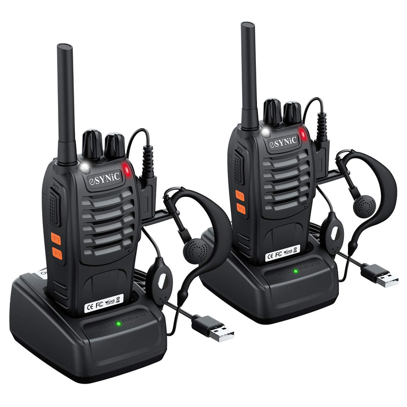 eSynic Rechargeable Walkie Talkies with Earpieces 2pcs Long Range Two-Way Radios 16 Channel UHF USB Cable Charging Walky Talky Handheld Transceiver with Flashlight
