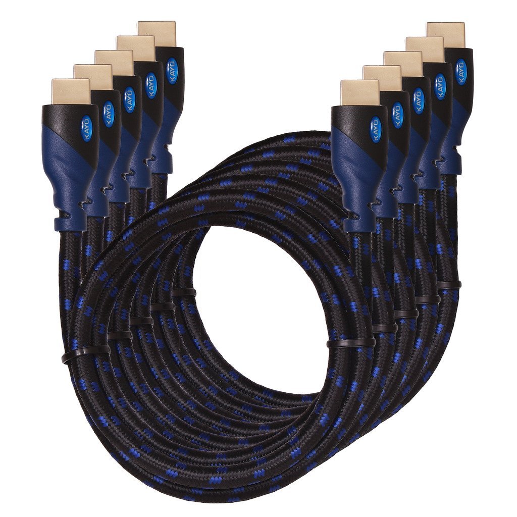 4K HDMI Cable -KAYO High Speed HDMI 2.0b Cable 18Gbps[Supports 4K HDR,3D,2160P,1080P,Ethernet]-Braided HDMI Cord-Audio Return(ARC),Xbox360,PS4/PS3,Apple TV,Roku+Bonus CABLE Tie,Blue BLK (10FT -5 Pack) 10FT -5 Pack