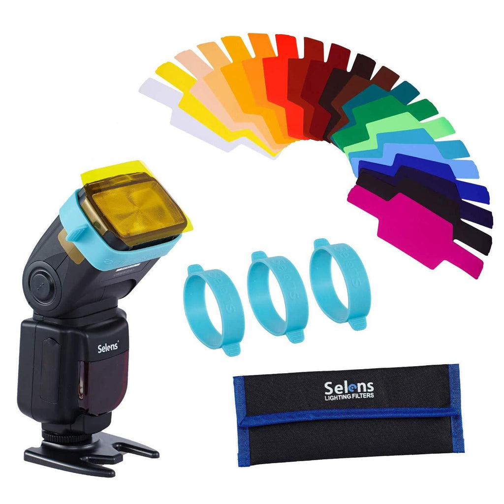 Selens Universal Flash Gels Lighting Filter 20 pcs Combination Kits for Camera Flashlight with 3 Gel-Bands 2 gel-bands kit