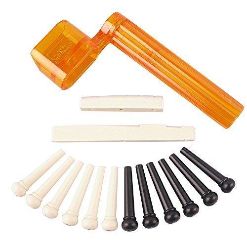 YMC Tint Bridge Pin+String Winder Plus Nut Saddle Set for Acoustic Guitar, Black & Ivory, 6 Piece Bridge Pin-6Bk-6Wt-Stringwinder