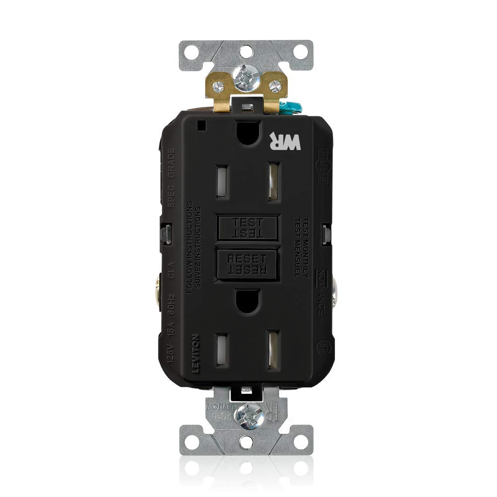 Leviton G5262-WTE 15A-125V Extra-Heavy Duty Industrial Grade Weather/Tamper-Resistant Duplex Self-Test GFCI Receptacle, Black, 15-Amp