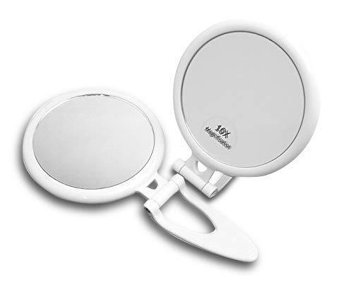 Foldable Handheld 10x Magnifying Travel Mirror - 10x and 1x Magnification, Two sided mirror that has a convenient handle. Perfect for traveling.