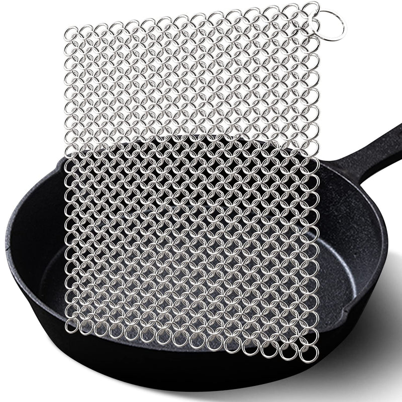 Amagabeli Cast Iron Cleaner 8"x6" Rectangle Metal Scrubber with Hanging Ring 316 Premium Stainless Steel Chainmail Scrubber for Cast Iron Pans CS03 8"x6"