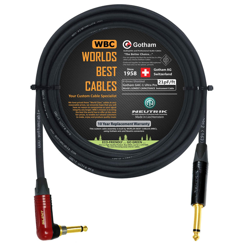 [AUSTRALIA] - 30 Foot - Gotham GAC-1 Ultra Pro - Premium Low-Cap (21 pf/F) Guitar Bass Instrument Cable w/Neutrik Gold Straight to Angled (Silent Plug) ¼ inch (6.35mm) TS Plugs - Custom Made by WORLDS BEST CABLES 
