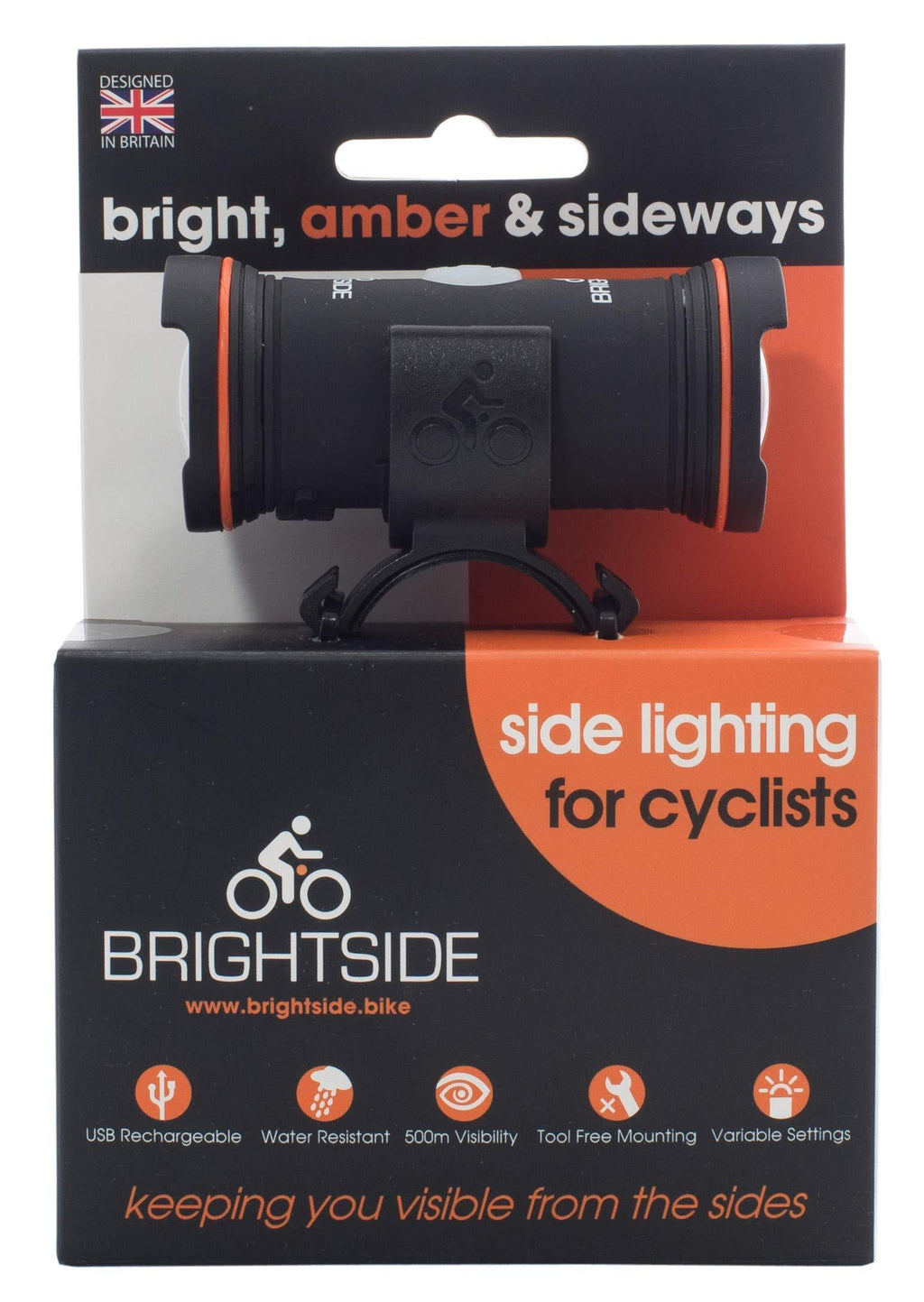 Brightside. Side Lights for Cyclists. Bright, Amber, Rechargeable, 36hr Battery 2.3oz Bike Light.