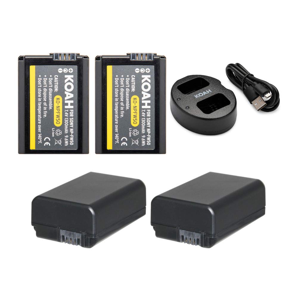 Koah PRO Rechargeable 1300mAh Battery (2-Pack) and Dual Charger for Sony NP-FW50 with Two Extra Batteries Bundle (3 Items)