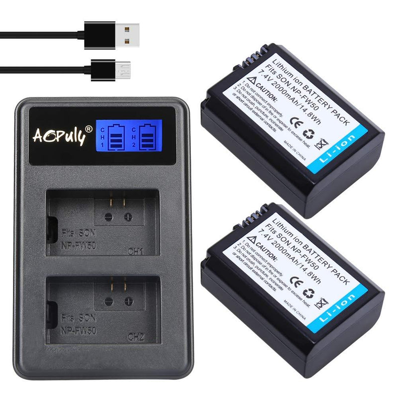 AOPULY 2-Pack Replacement NP-FW50 Battery & Smart LCD Display Dual Channel Charger Compatible for Sony Alpha a6500, a6300, a6000, a7s, a7, a7s ii, a7s, a5100, a5000, a7r, a7 ii Camera