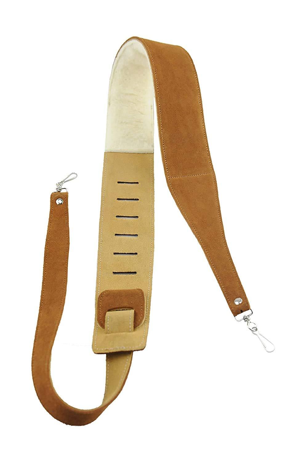 [AUSTRALIA] - Perri's Leathers Suede Leather Banjo Strap, Natural, Soft Sheepskin Fur Pad, Snap Metal Hook, Adjustable Length 44.5" to 53", 2.5" Wide 