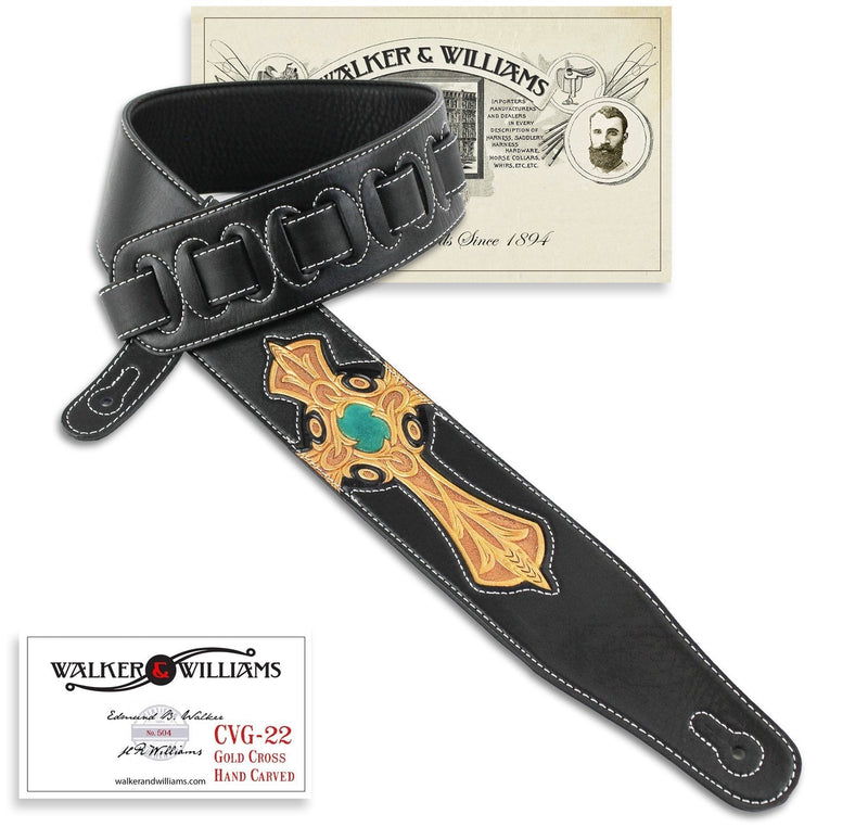 Walker & Williams CVG-22 Padded Leather Guitar Strap with Hand Tooled Cross