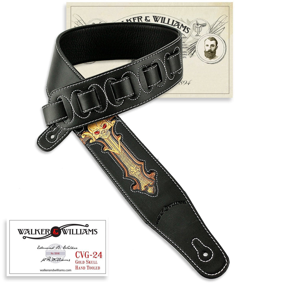 Walker & Williams CVG-24 Black & Gold Guitar Strap Hand Tooled Skull Design