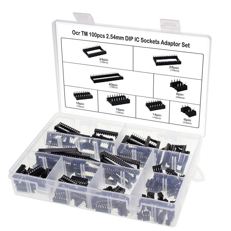 OCR 100Pcs 2.54mm Pitch Dual Row DIP IC Sockets Solder Type Adaptor Set, 6,8,14,16,18,24,28,40Pin 8 Types IC Socket Adaptor Connector