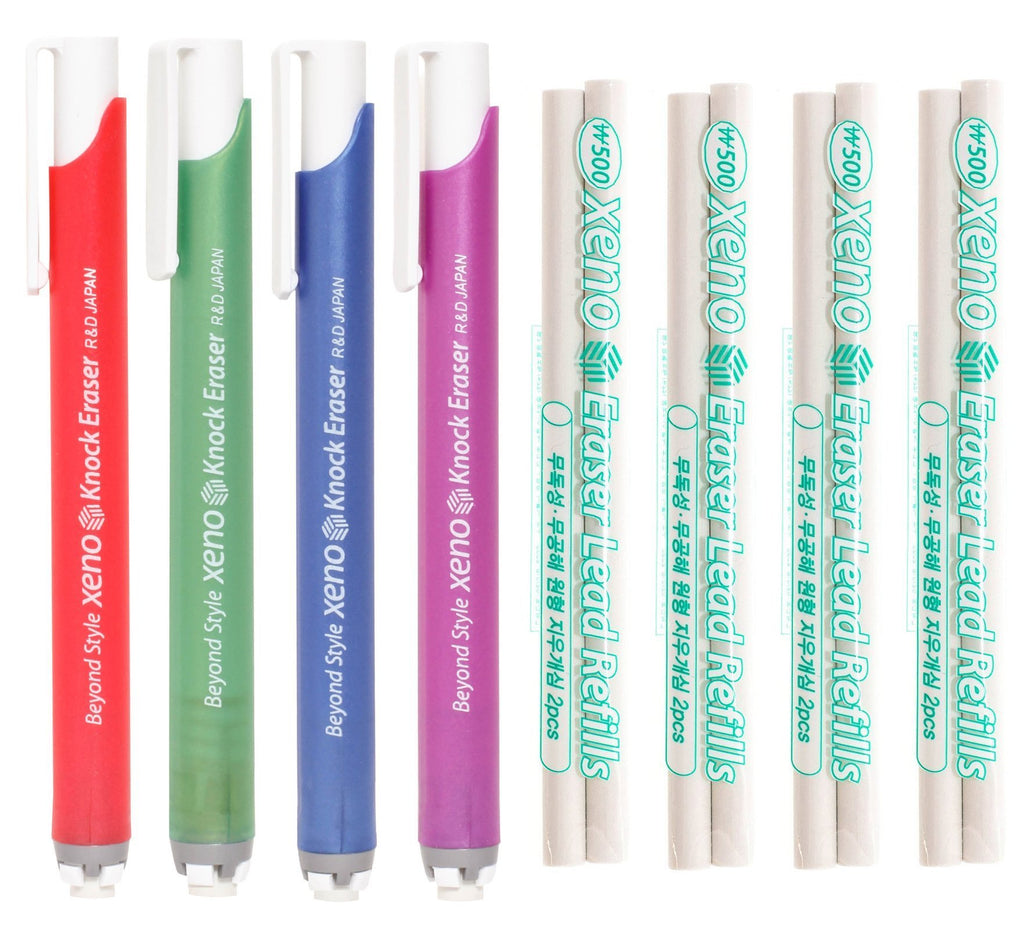 Xeno Retractable Click Knock 4 Erasers and 8 Refills (Assorted Colors Bundle) Retractable Click Eraser