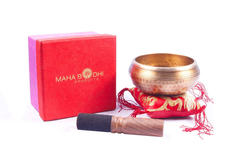 Tibetan Singing Bowl Set ~ Buddha Figure Design ~ Maha Bodhi 4 Inch Wide Authentic Meditation Gong for Relaxation and Chakra Healing ~ Completely Hand Carved ~ Perfect Gift