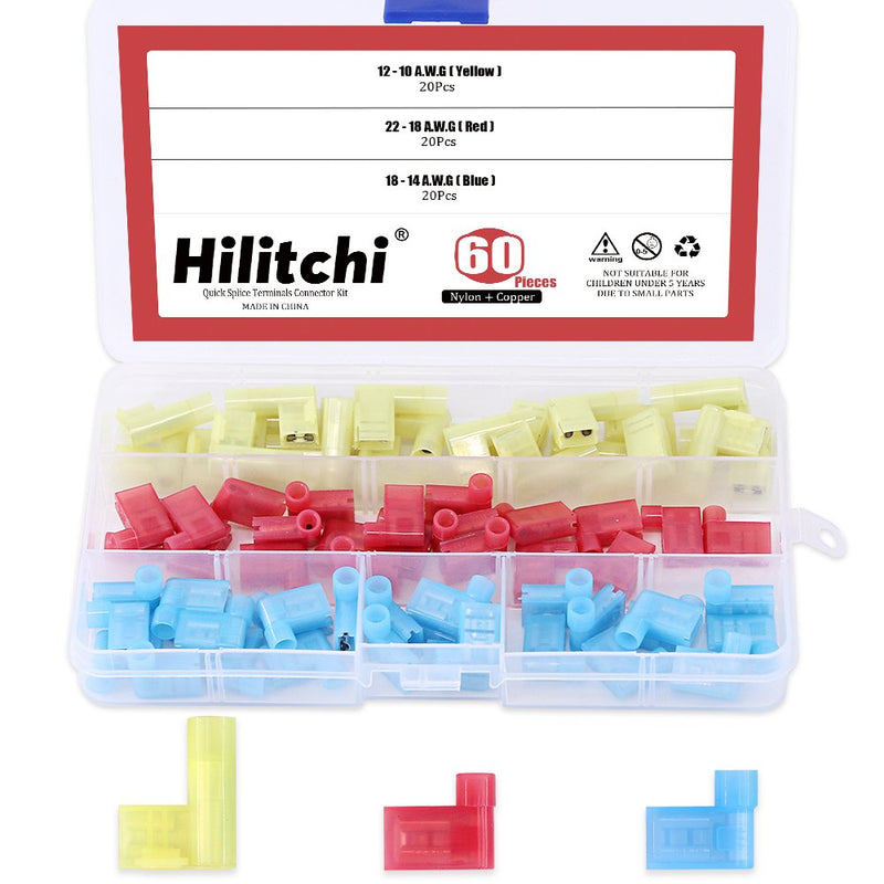 Hilitchi 60pcs 22-18 18-14 12-10 Gauge Nylon Flag Spade Female Insulated Quick Disconnects Electrical Crimp Terminals Connector Assortment Set