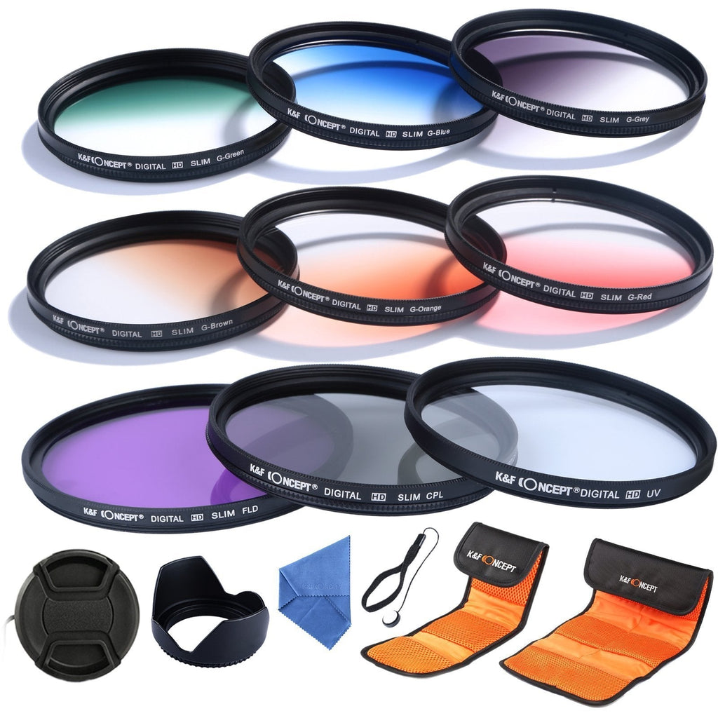 K&F Concept 62mm UV CPL FLD Graduated Filter Lens Accessory 9pcs Filter Kit UV Protector Circular Polarizing Filter + Microfiber Lens Cleaning Cloth + Petal Lens Hood + Filter Bag Pouch