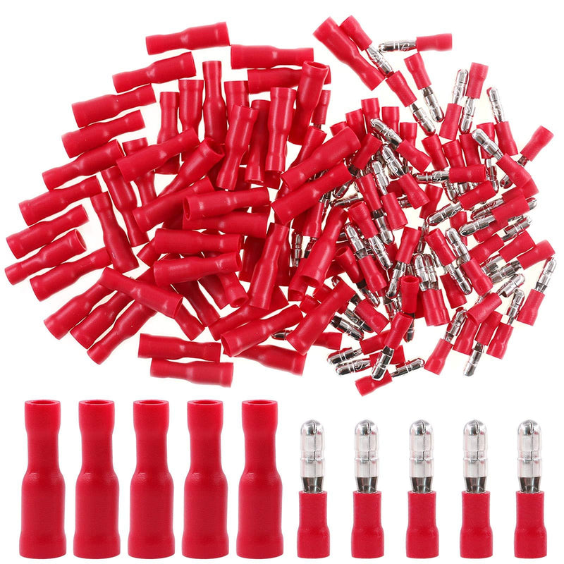 Hilitchi 50Pairs Insulated Male Female Bullet Quick Splice Wire Terminals Wire Crimp Connectors (Red, 22-16 Gauge) Red