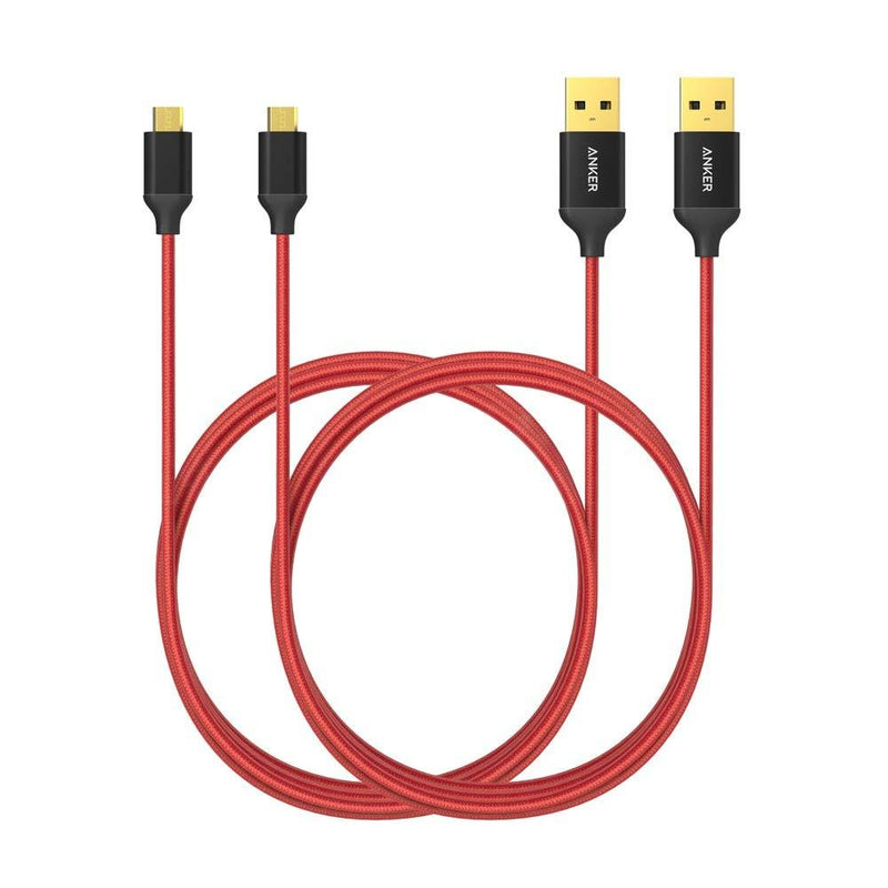 [2-Pack] Anker 6ft / 1.8m Nylon Braided Tangle-Free Micro USB Cable with Gold-Plated Connectors for Android, Samsung, HTC, Nokia, Sony and More (Red)