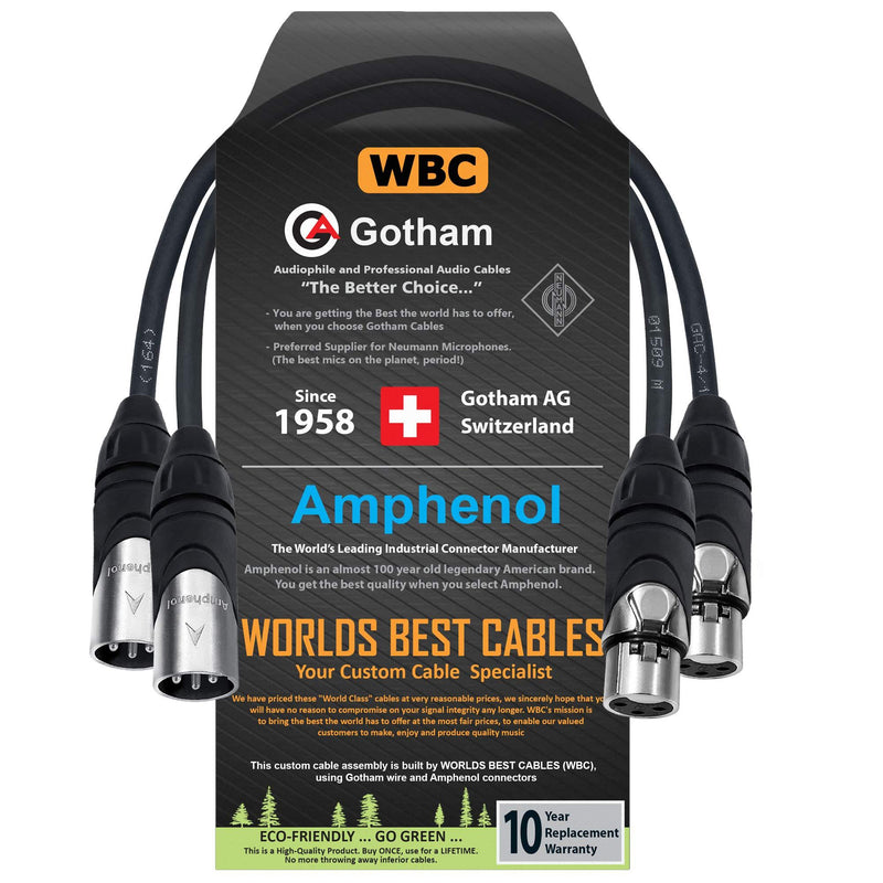 WORLDS BEST CABLES - Star Quad Balanced Male to Female Microphone Cables - Gotham GAC-4/1-2 Units - 0.5 Foot w/Amphenol AX3M & AX3F XLR Connectors