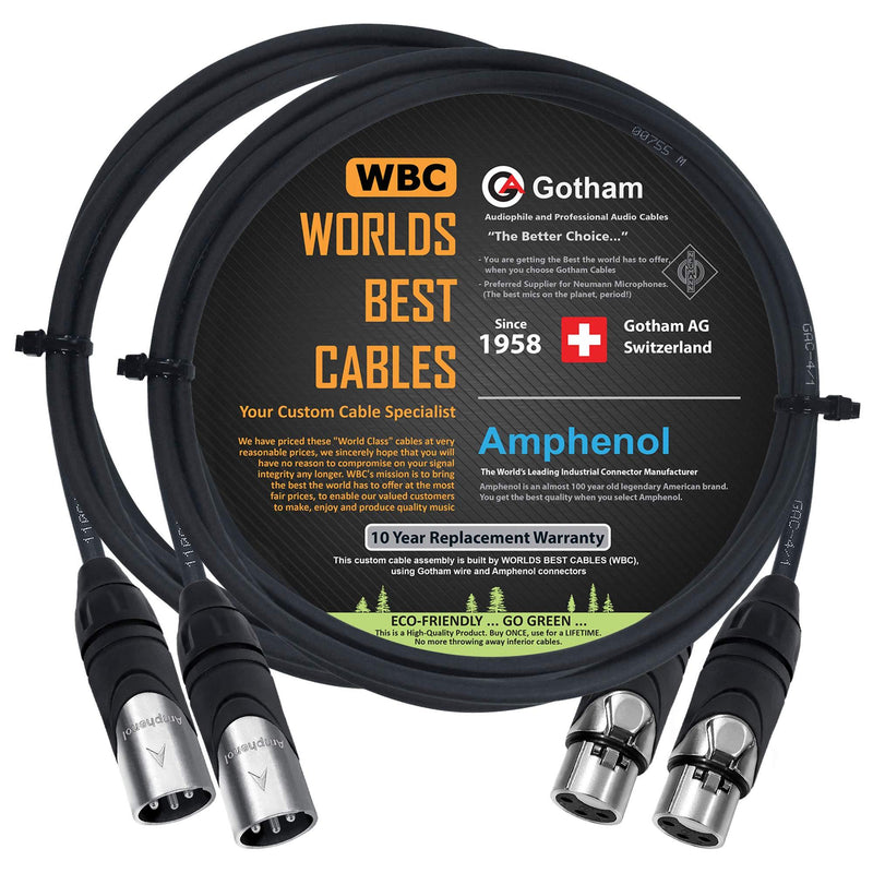 2 Units - 2 Foot - Gotham GAC-4/1 (Black) - Star Quad, Dual Shielded Balanced Male to Female Microphone Cables with Amphenol AX3M & AX3F Silver XLR Connectors - Custom Made by WORLDS BEST CABLES