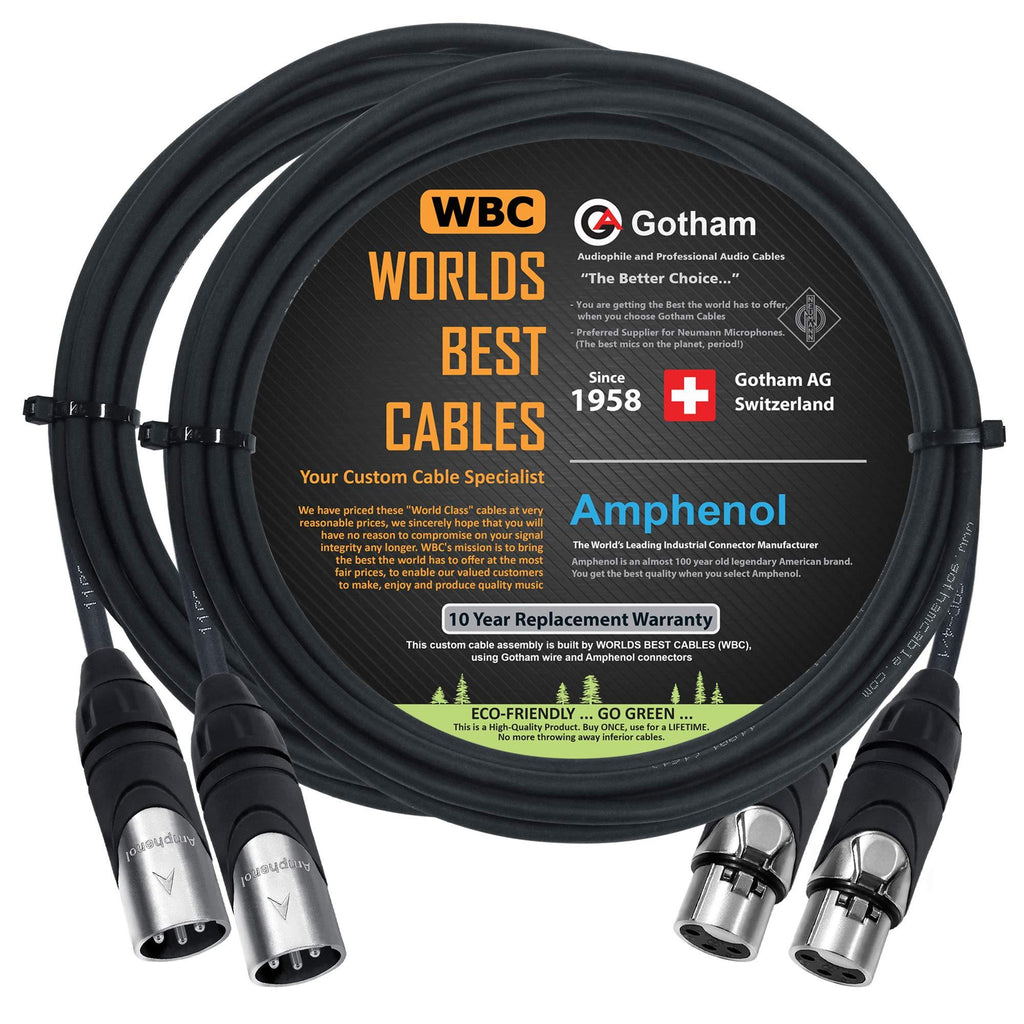 [AUSTRALIA] - 2 Units - 15 Foot - Gotham GAC-4/1 (Black) - Star Quad, Dual Shielded Balanced Male to Female Microphone Cables with Amphenol AX3M & AX3F Silver XLR Connectors - Custom Made by WORLDS BEST CABLES 